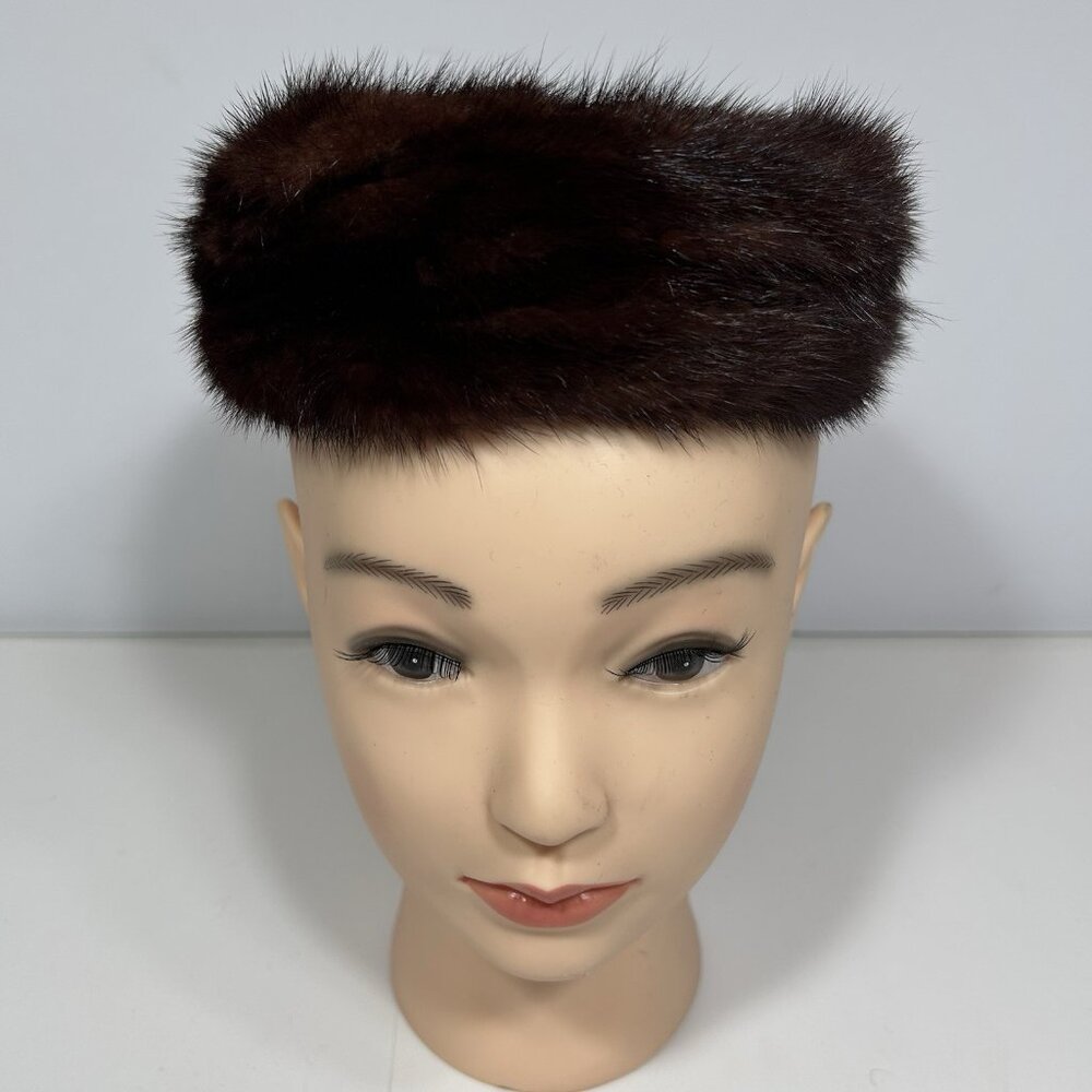 Vintage 50” Styled by Coralie Pillbox Brown Mink & Satin Hat Sz 22” Union Made